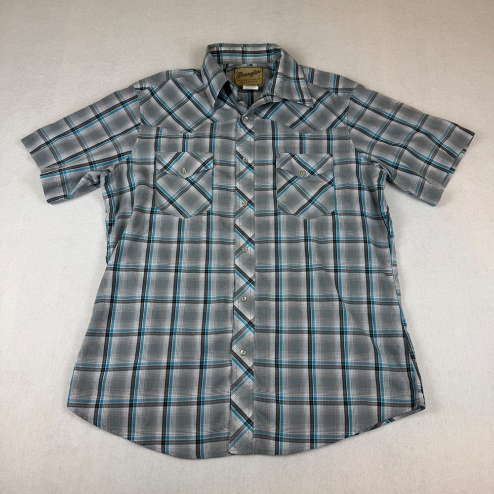 Wrangler Mens Western Fashion Snap Shirt Grey Blue Plaid Short Sleeve Size L